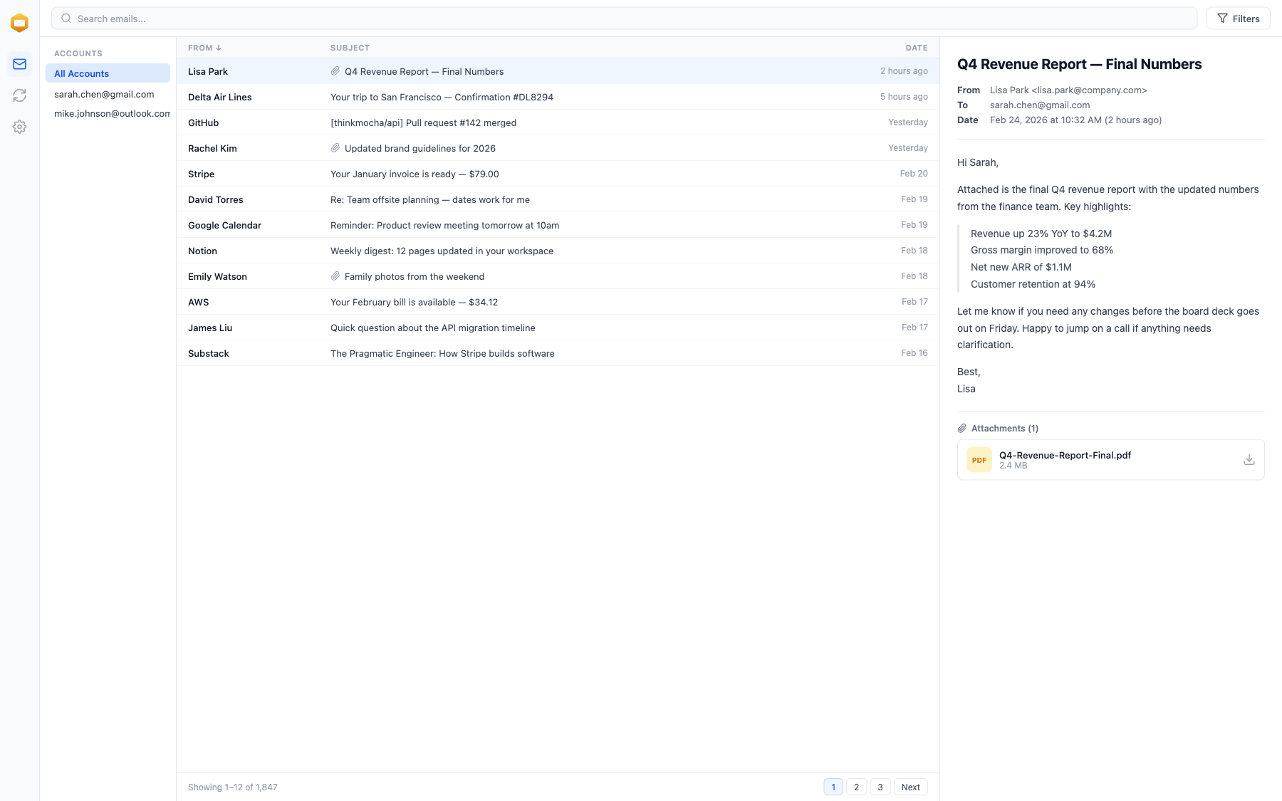 BeeMail — email backup app showing inbox with search, accounts sidebar, message list, and preview pane