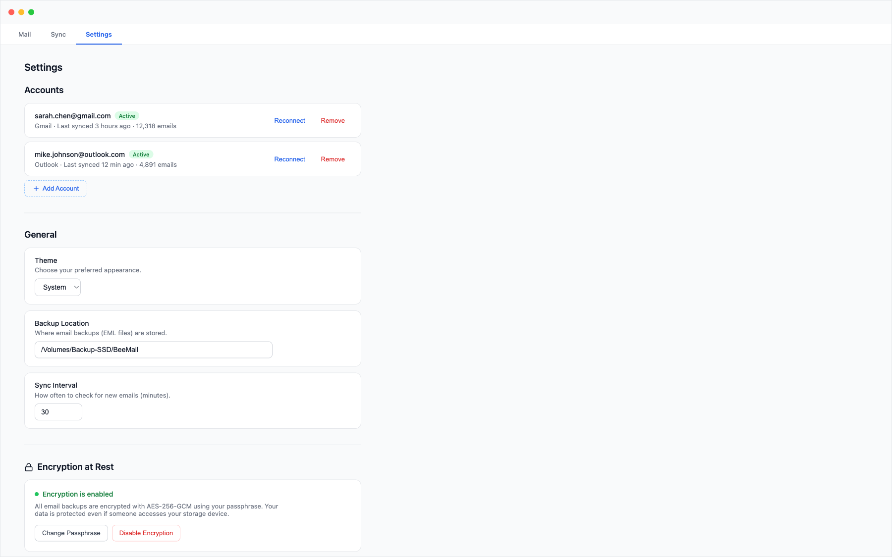 BeeMail settings with accounts, backup location, and encryption enabled